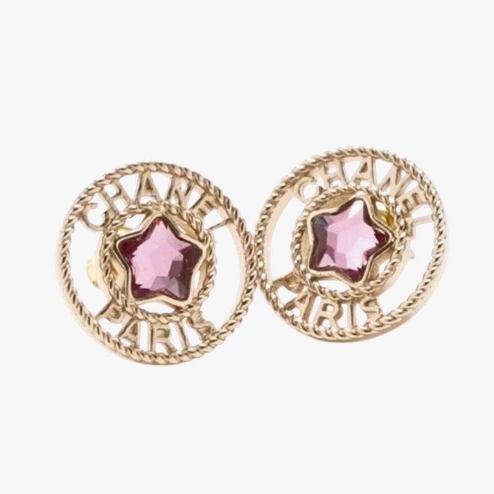 2025 CHANEL Gold Logo Purple Star Stud Earrings!
